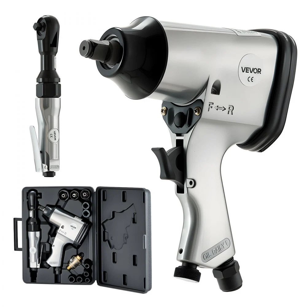 VEVOR 1/2" Air Impact Wrench & 3/8" Ratchet Wrench Combo, 19 Pieces Pro Air Tool and Accessories Kit - Includes 10PCS CR-V Steel Impact Socket Set & Carrying Case for Auto Repair, Home DIY Projects