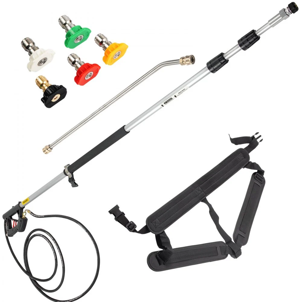 VEVOR Telescoping Pressure Washer Wand, Max. 18 ft Adjustable Power Washer Extension Wand, 4000PSI 9GPM Power Cleaning Tools with 5 Nozzle Tips, Strap Belt, 3/8'' & 1/4'' Quick Connectors, Silver/