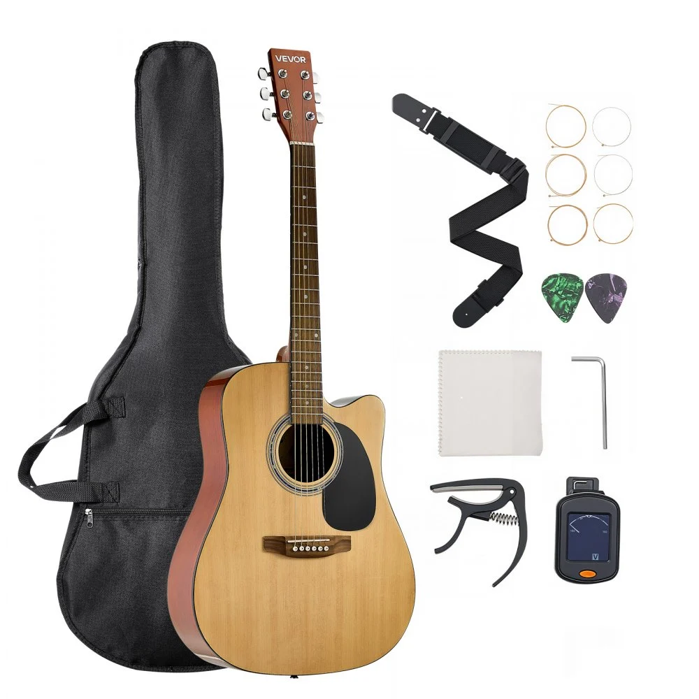 VEVOR Cutway Acoustic Guitar, 41 in, 6-String, Natural Solid Spruce Top Guitar, Beginner Bundle with Gig Bag, Tuner, Strap, Steel Strings, Picks, Capo, Rosewood Fingerboard, for Fingerstyle Solo Jazz