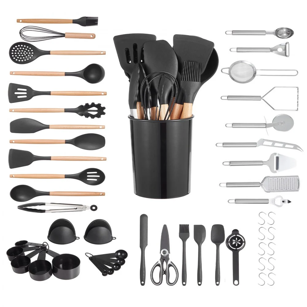 VEVOR Kitchen Cooking Utensils Set, 50 PCS Silicone Spatula Set with Holder, 428°F Heat Resistant Gadget Spoons Tools, Wooden Handle Home Essentials Accessories, Silicone Gadgets Cookware, Black