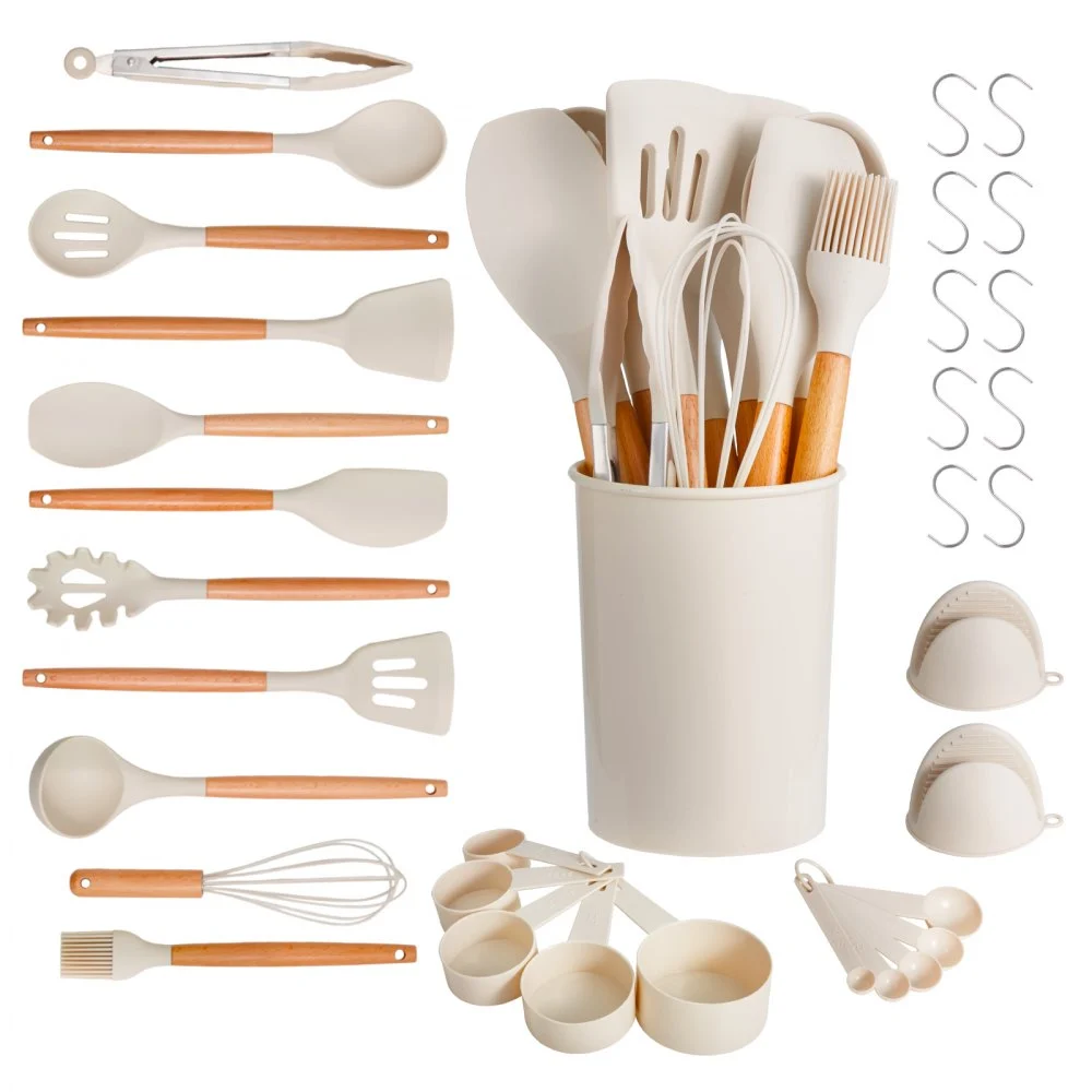 VEVOR Kitchen Cooking Utensils Set, 34 PCS Silicone Spatula Set with Holder, 428°F Heat Resistant Gadget Spoons Tools, Wooden Handle Home Essentials Accessories, Silicone Gadgets Cookware, White
