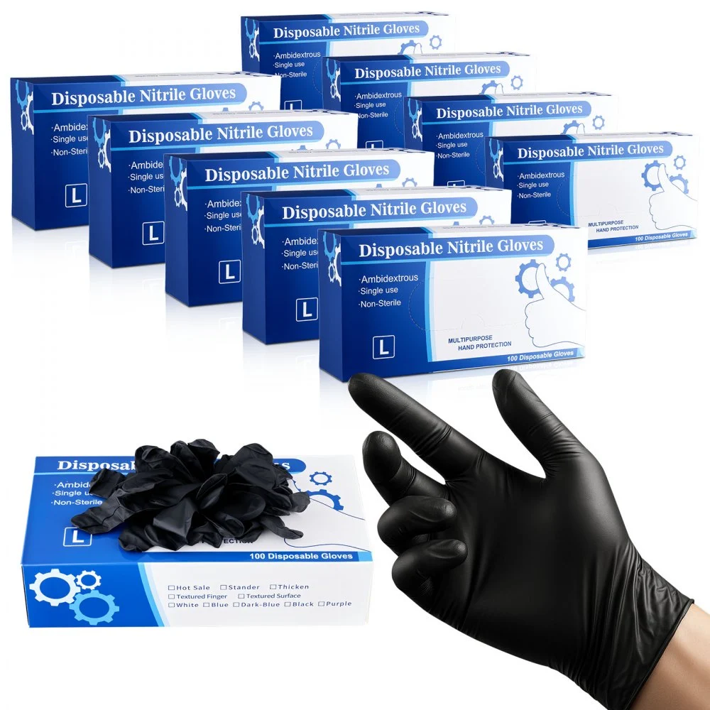 VEVOR Disposable Gloves, 4.5 Mil Black Nitrile Gloves with Textured Fingertips, Latex & Powder-Free, Food-Grade, Puncture Resistance, Ideal for Medical Exams, Cooking and Cleaning, 1000 Count, Large