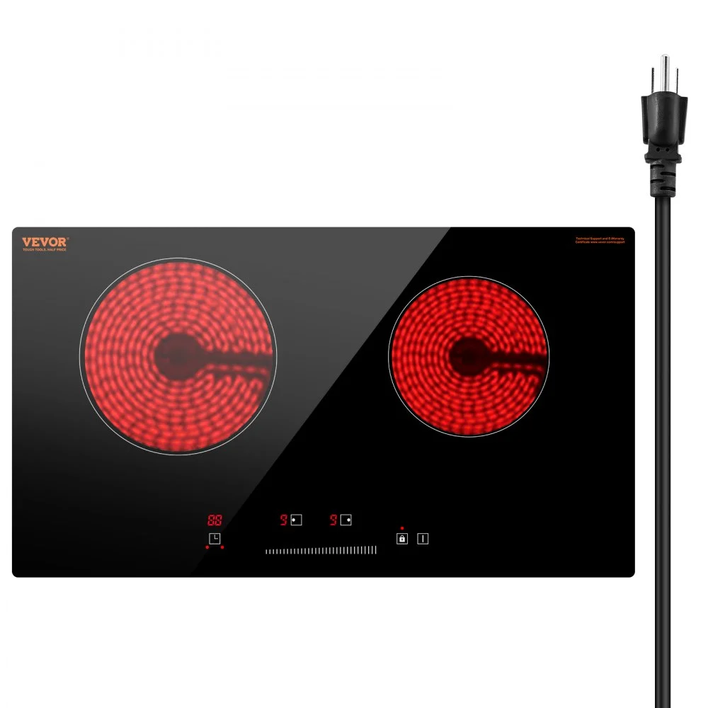 VEVOR Electric Cooktop, 24 inch 2 Burners Built-in Electric Stove Top, 1800W Ceramic Top Radiant Cooktop with Glass Panel, Touch Control, Timer, Child Lock, 9 Heat Level, Residual Heat Indicator, 120V