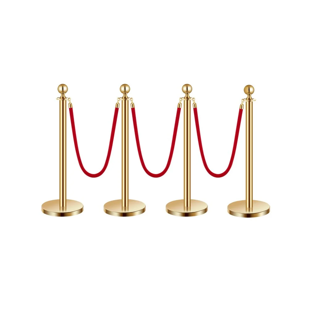 VEVOR Stanchions and Velvet Ropes 4Pcs, Hollow Base with Stainless Steel Post, 3 Red Velvet Ropes and Posts, Crowd Control Barriers Gold Stanchions, Red Carpet Runner Poles for Party Supplies