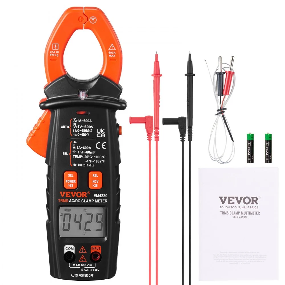 VEVOR Digital Clamp Multimeter, T-RMS 6000 Count, 600A, for Current, Voltage, Resistance, Diodes & Continuity Testing, Data Hold, NCV, Ideal for Domestic Appliances & Railway Maintenance