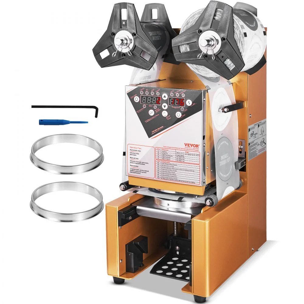 VEVOR Fully Automatic Cup Sealing Machine, 500-650 Cups/H, Cup Sealer Machine for 190 mm Tall & 90/95 mm Cup, Electric Tea Sealer with Digital Control LCD Panel for Bubble Milk Tea Coffee, Gold