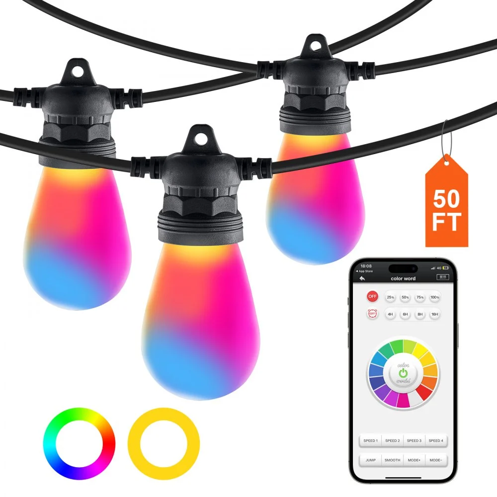Clearance
VEVOR RGB Outdoor String Lights, 50FT, Outside Patio Lights with APP Control 15 Bulbs, 15 Single-Color Adjustable Brightness Time Setting, Waterproof Hanging Lights for Halloween Decorations Christmas