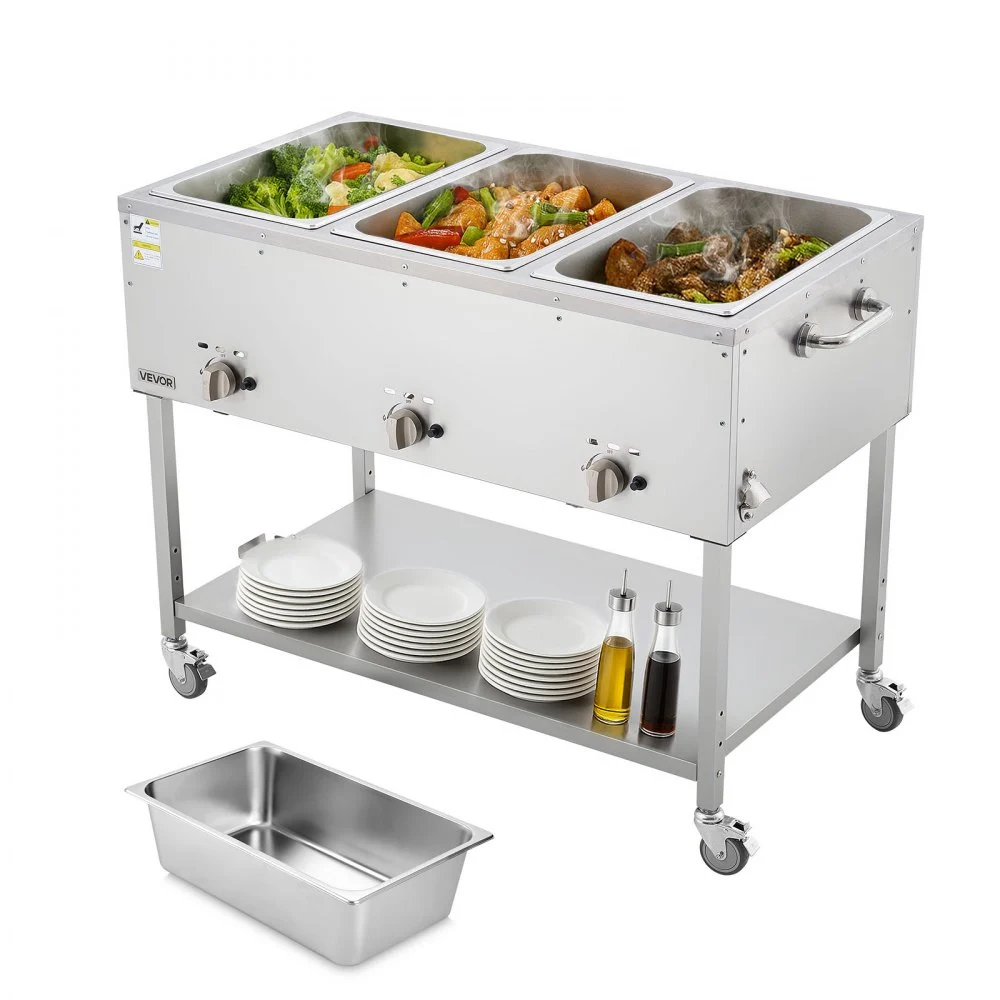 VEVOR 3-Pan Commercial Propane Steam Table, LP Gas Outdoor Soup Warmer with Drain Valve and 3" Wheels, Stainless Steel Propane Food Warmer with Independent Temp Control, for Restaurant Outdoor Camping