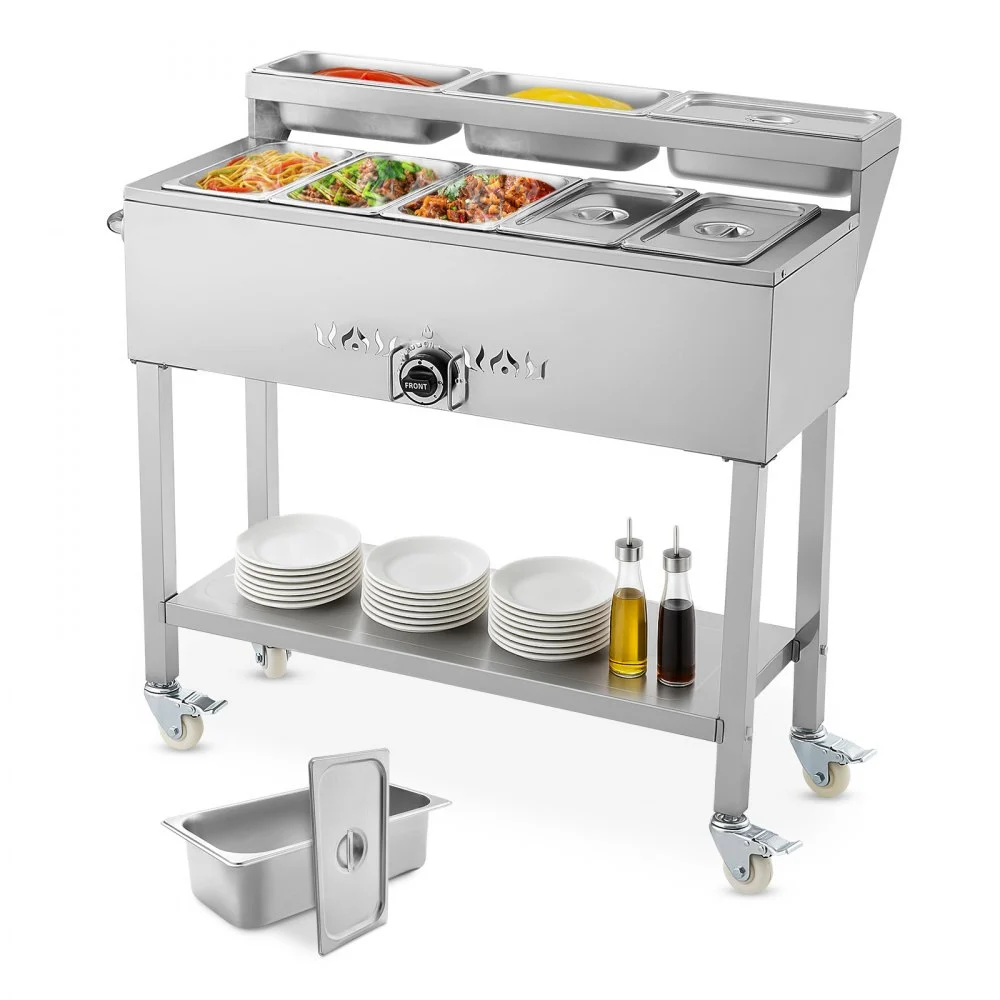 Summer Sale

        
               VEVOR Commercial Propane Steam Table, 5 Food Pans & 3 Condiment Pans, LP Gas Outdoor Soup Warmer with Drain Valve and 3" Wheels, Stainless Steel Propane Food Warmer with Adjustable Temp for Outdoor