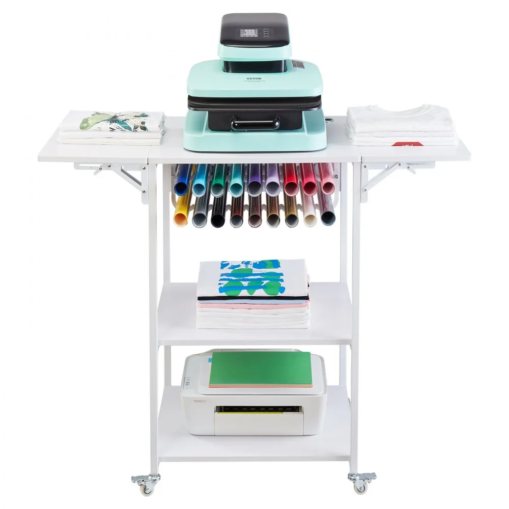 VEVOR Heat Press Table, 3 Tier Movable Heat Press Stand, Foldable Heat Transfer Machine Stand with Wheels and Vinyl Roll Holder, Rolling Metal Workbench for Sublimation Transfer Machine, White