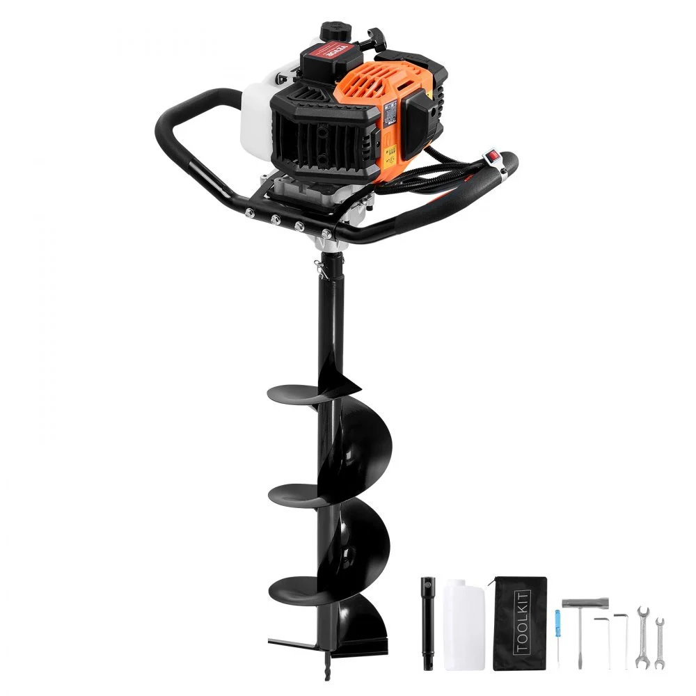 VEVOR Post Hole Digger Gas Powered, 52CC 1450W Earth Auger, Gas Auger with 8” Auger Drill Action Design Bits & 1 Extension Rod, Post Fence Hole Digger for Farmland Garden Plant, Orange+Black