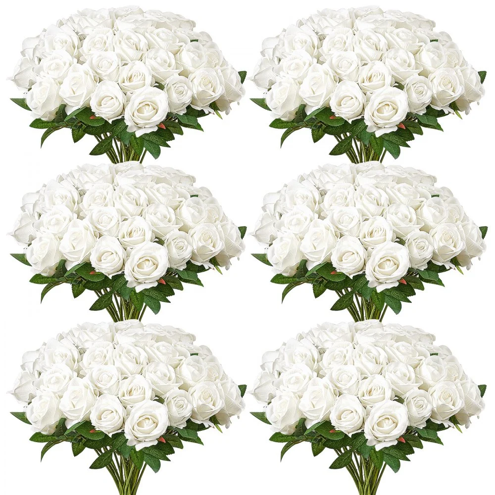 VEVOR Artificial Flowers, 120 pcs Real Looking White Foam Fake Roses Bulk, White Faux Bridal Shower with Stems for DIY Wedding Bouquets, Home Centerpieces Arrangements, Party Tables Decorations