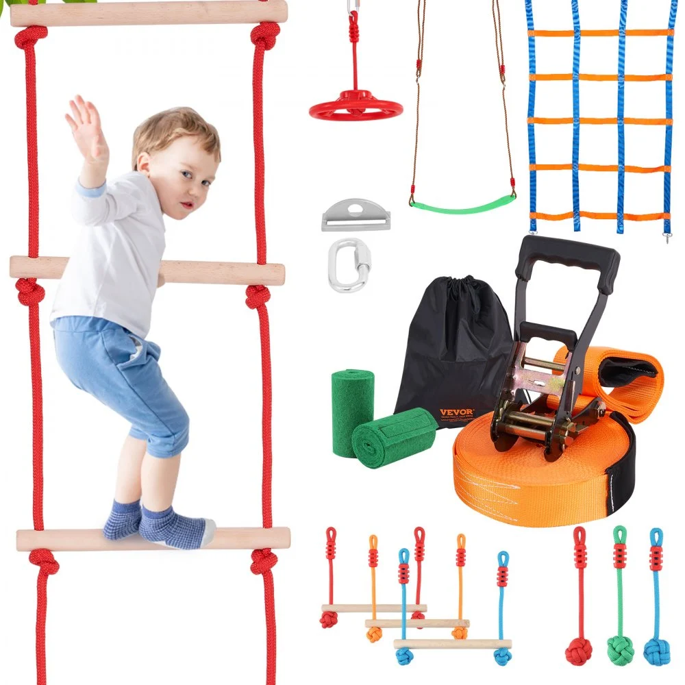 VEVOR Ninja Warrior Obstacle Course for Kids, 1 x 50 ft Weatherproof Slacklines, 500lbs Weight Capacity Monkey Line, Outdoor Playset Equipment, Backyard Toys Training Equipment Set with 10 Obstacles