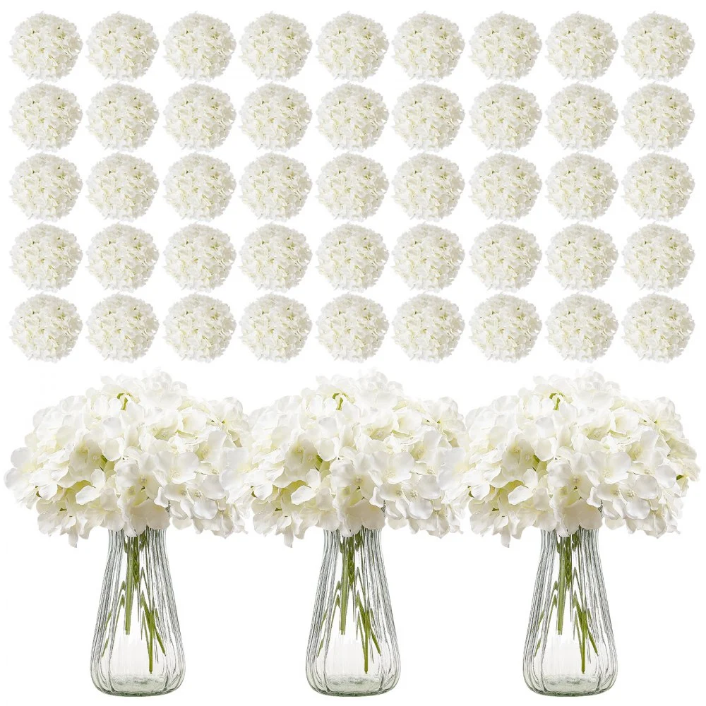 VEVOR Artificial Flowers, 305 pcs Real Looking White Silk Fake Hydrangea Bulk, White Faux Bridal Shower with Stems for DIY Wedding Bouquets, Home Centerpieces Arrangements, Party Tables Decorations