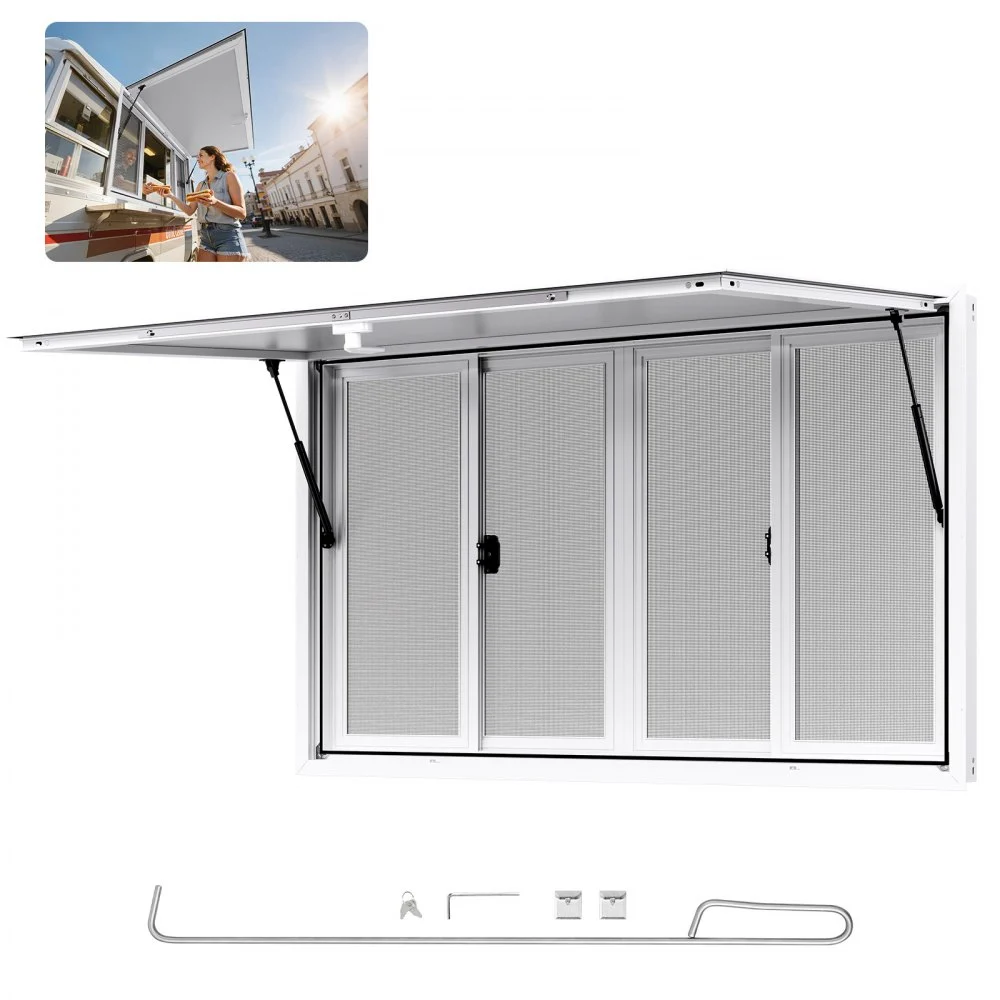 Summer Sale

        
               VEVOR Concession Window 60x36 in, Aluminum Alloy Service Window for Food Truck, Up to 85 Degrees Stand Serving Window with 4 Sliding Windows, Awning Door, and Drag Hook, for Concession Trailers