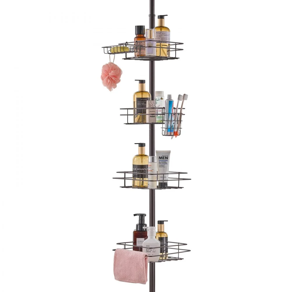 VEVOR Shower Corner Caddy Tension Pole, 42" to 114" High, Multi-Functional Shower Tension Pole with Strong Load-Bearing Tray, Rust-Proof Easy-to-Install Tension Pole, Fit for Bathroom & Washroom