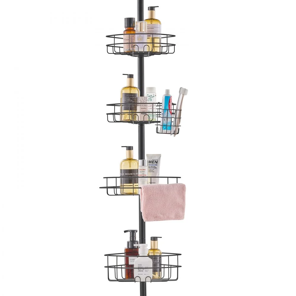 VEVOR Shower Corner Caddy Tension Pole, 56" to 114" High, Multi-Functional Shower Tension Pole with Strong Load-Bearing Tray, Rust-Proof Easy-to-Install Tension Pole, Fit for Bathroom & Washroom