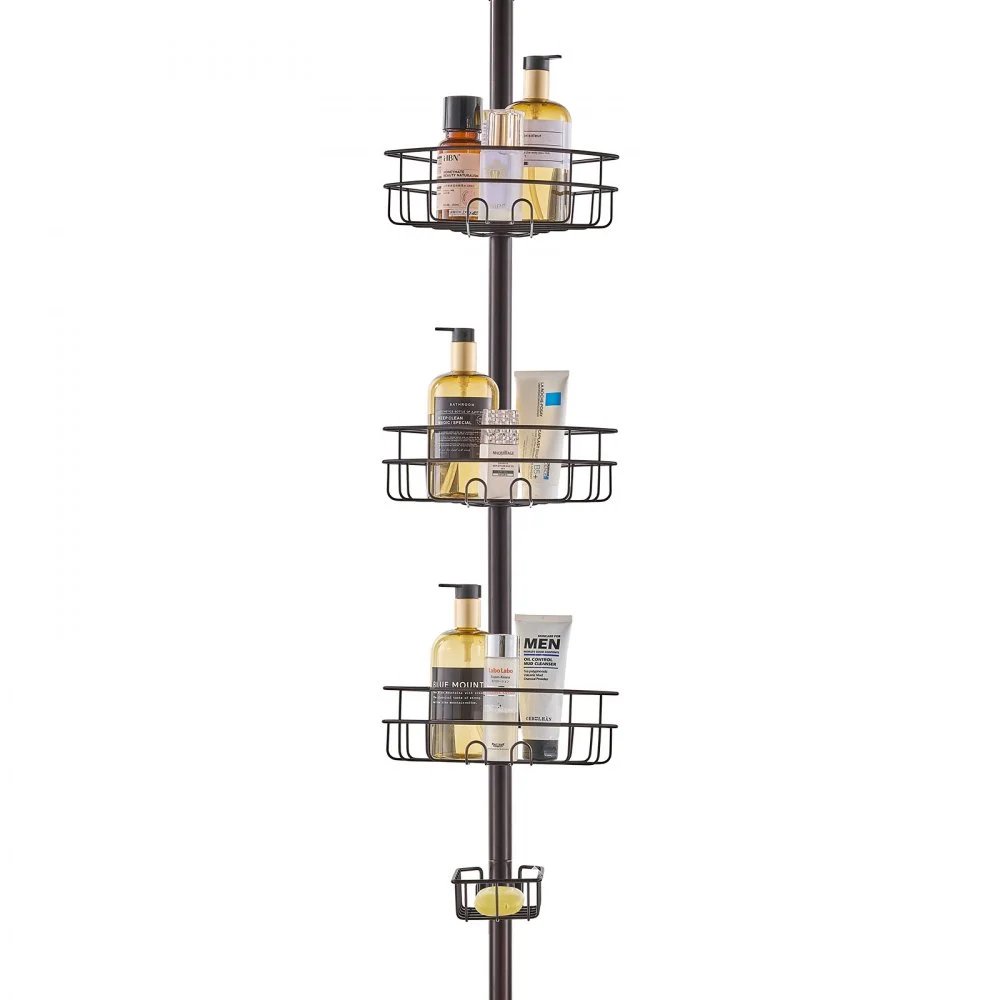 VEVOR Shower Corner Caddy Tension Pole, 39" to 125" High, Multi-Functional Shower Tension Pole with Strong Load-Bearing Tray, Rust-Proof Easy-to-Install Tension Pole, Fit for Bathroom & Washroom