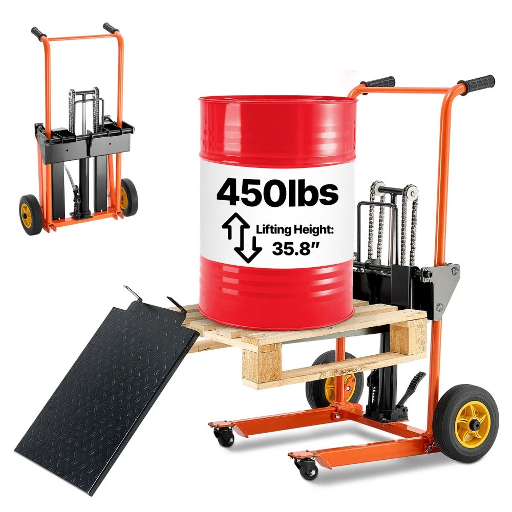 VEVOR Hydraulic Material Lift Winch Stacker, 450 lbs Load Capacity, Pallet Truck Dolly with Fork Lift Table, 35.8 Inches Max Lifting Height, Foldable & Portable Pallet Jack Table Cart, Yellow & Black