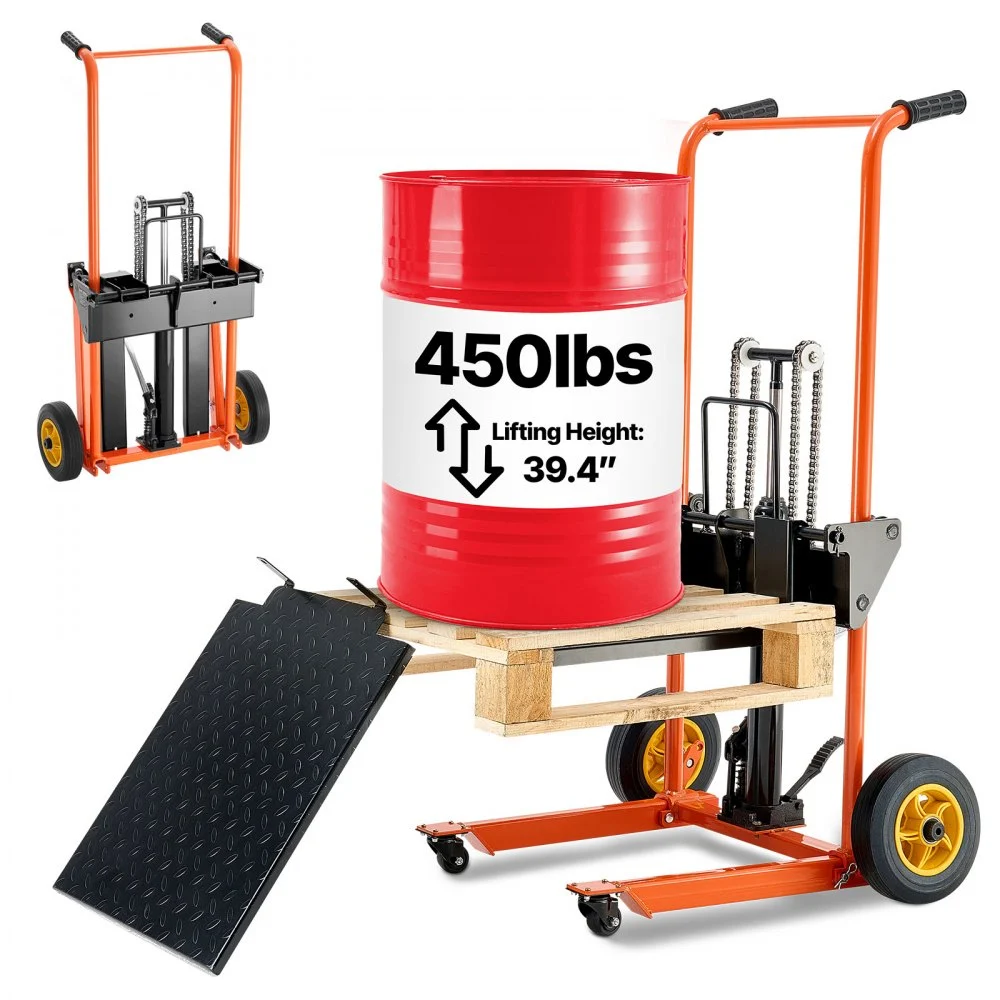 VEVOR Hydraulic Material Lift Winch Stacker, 450 lbs Load Capacity, Pallet Truck Dolly with Fork Lift Table, 39.4 Inches Max Lifting Height, Foldable & Portable Pallet Jack Table Cart, Yellow & Black