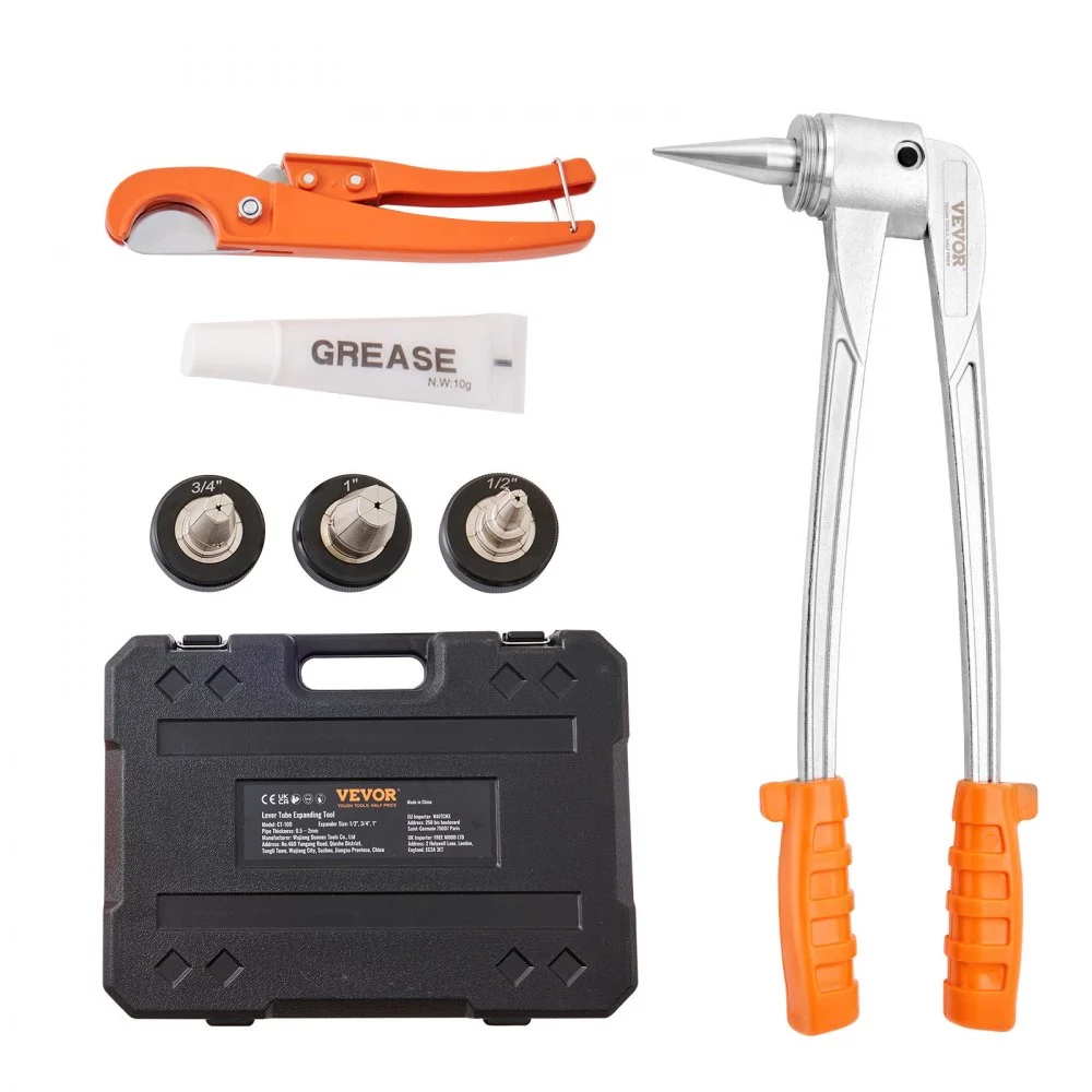 VEVOR Pipe Tube Expander, 1/2", 3/4", 1" OD PEX Tubing Expander, Professional Manual Lever PEX Tools Expander, with 3 Expansion Heads, Pipe Cutter for PEX Tubes