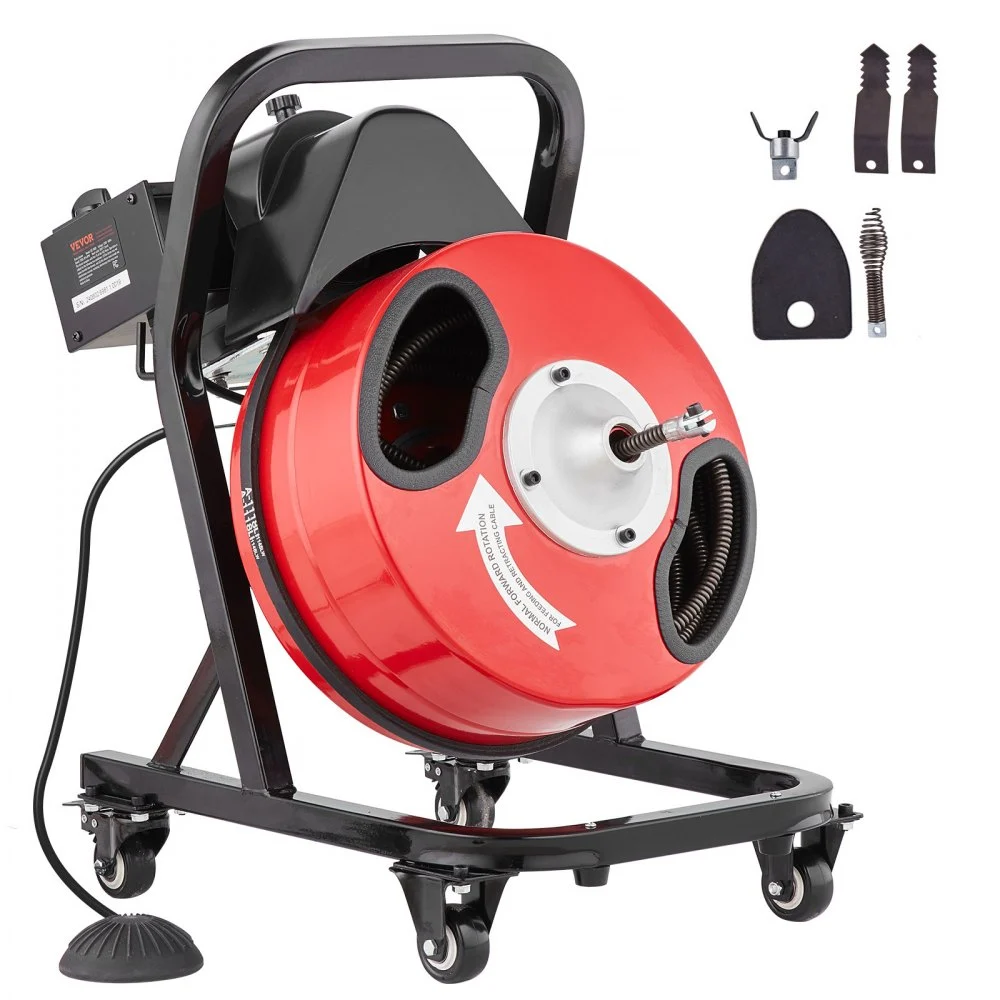 Summer Sale
VEVOR Drain Cleaner Machine 50FT x 1/2 Inch, Manual Feed Sewer Snake Auger - with Wheels, 4 Cutters & Air-activated Foot Switch for 2" to 4" Pipes