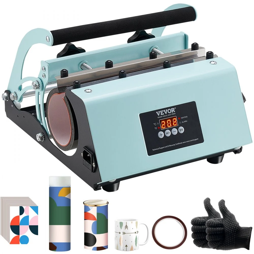 VEVOR Tumbler Heat Press Machine, 11-30oz Mug Press, Heat Up Fast and Even, Tumbler Press with Sublimation Paper, Tape and Gloves, Temp and Time Setting, for Sublimation Tumblers, Cups, Mugs, Green