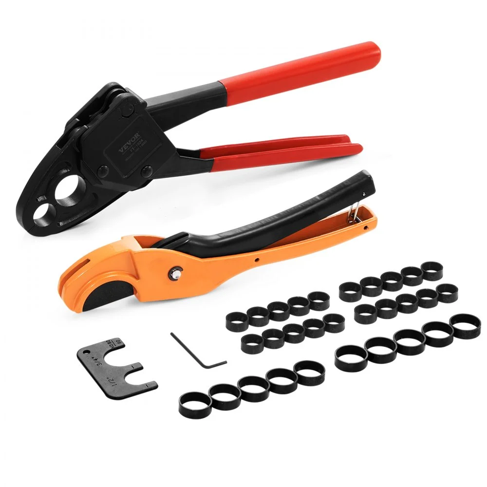 VEVOR PEX Pipe Crimping Tool, Angle Dual Head Combo PEX/PE-RT Crimper for 1/2" and 3/4" Copper Crimp Rings, 30 Copper Crimp Rings, PEX/PE-RT Tubing Cutter, Go/No-Go Gauge, Meets ASTM F1807 Standards