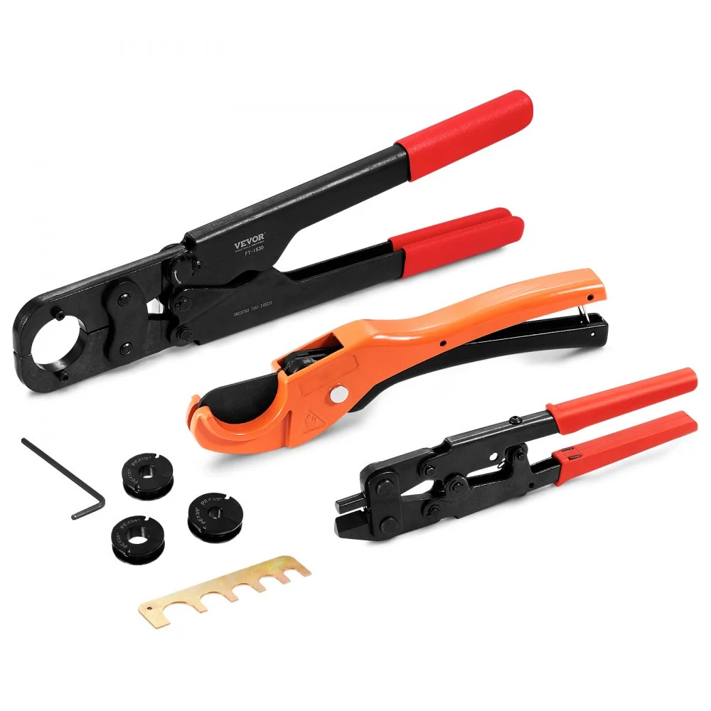 VEVOR PEX Pipe Crimping Tool Kit, Press Crimper for 3/8", 1/2", 3/4", 1" Crimp Rings, with 3 Jaw Dies, PEX Tubing Cutter, Go/No-Go Gauge, Copper Ring Removal Tool, Meets ASTM F1807 Standards