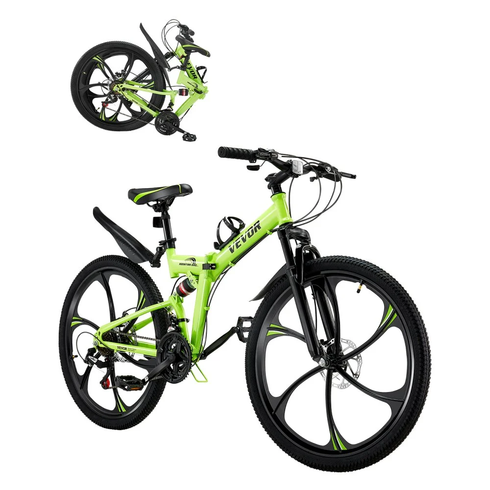 VEVOR 26 inch Folding Mountain Bike, MTB Bicycle with Full Suspension, 21-speed Drivetrain, Comfort Saddle, Disc Brakes, High Carbon Steel Frame, Adult Sport Cycling Bicycle for Men Women Trail Snow