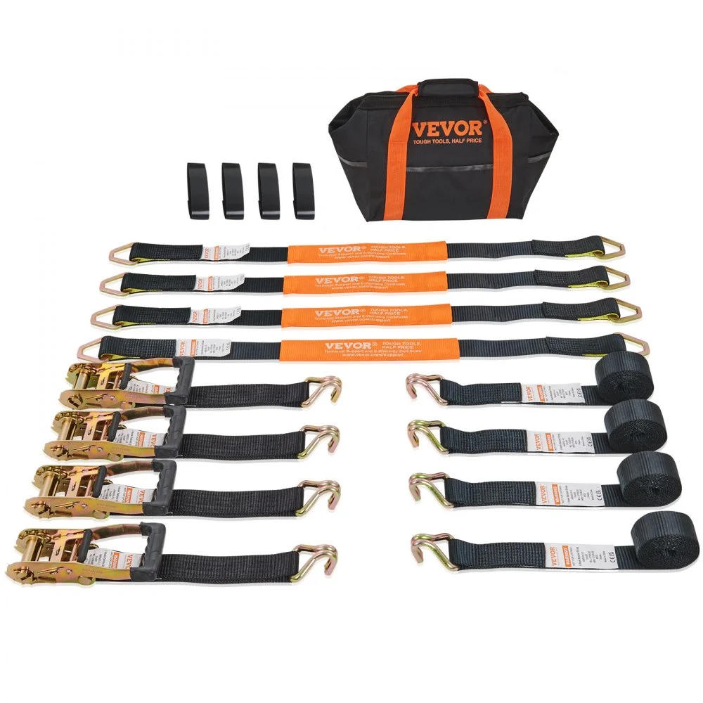 VEVOR Ratchet Tie Down Straps (4PK), 11128 lb Break Strength, Double J Hook Includes 4 Premium 2" x 8' Rachet Tie Downs with Padded Handles, for Moving Securing Cargo, Appliances, Lawn Equipment