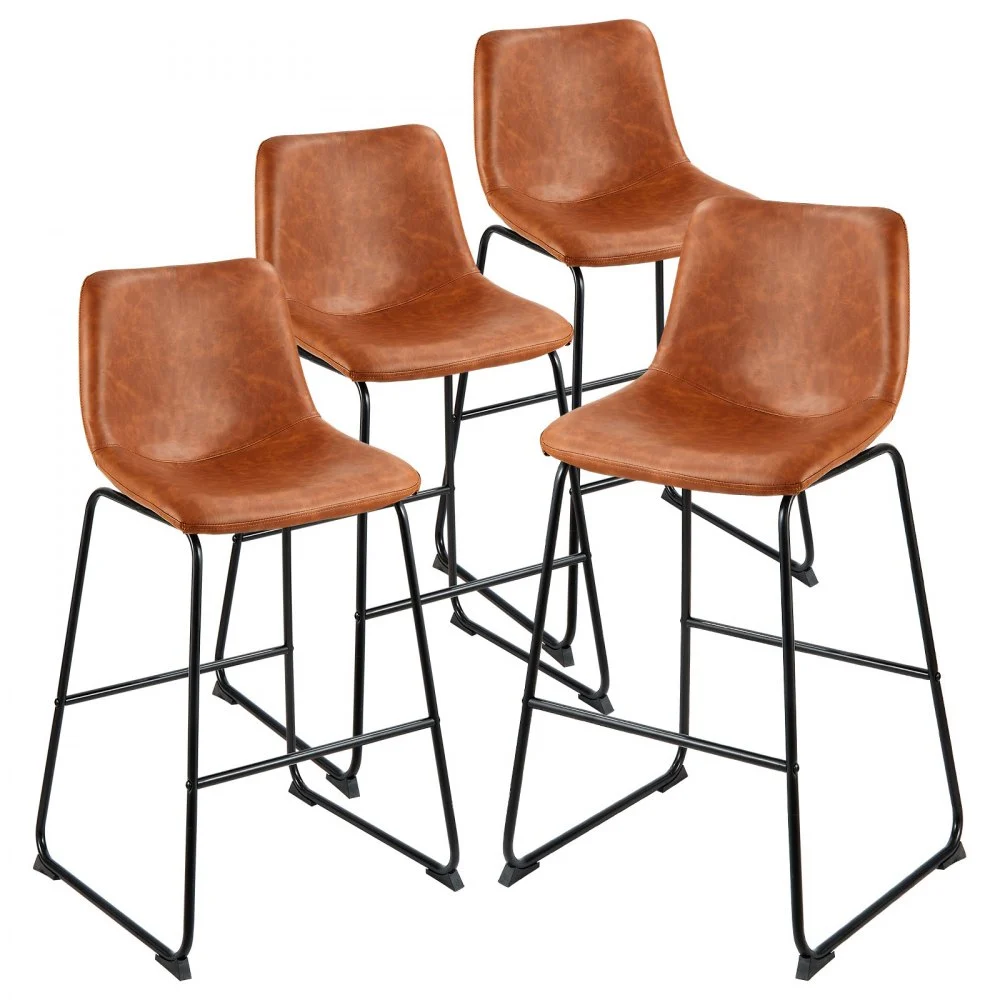 VEVOR Bar Stool Set of 4, 26 inch Counter Height Stools, Modern PU Leather Counter Barstool with Backrest, Metal Legs, Easy Assembly Armless Bar Chair, Island Barstool for Kitchen, Dining Room, Brown