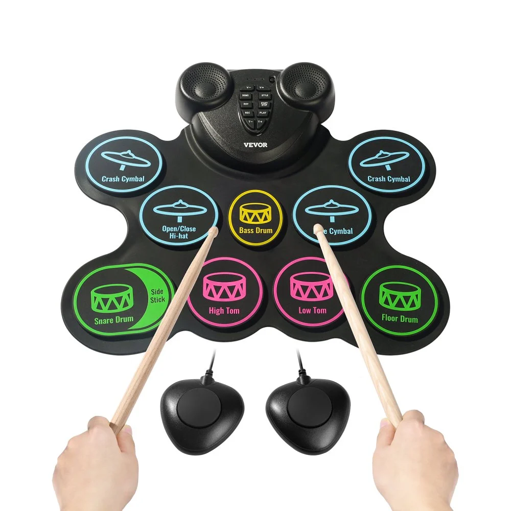 VEVOR Electric Drum Set, 9 Pads, Roll-up Drum Practice Pad, Electronic Drumset with Headphone Jack, Double Pedals, Drum Sticks, Built-in Dual Speakers, MIDI, Portable Instrument Toy for Kids Ages 3+