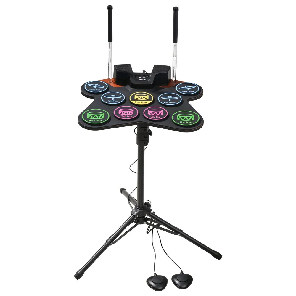 VEVOR Electric Drum Set, 9 Pads, Roll-up Drum Practice Pad, Electronic Drumset with Headphone Jack, Stand, Double Pedals, Light Up Drum Sticks, Built-in Dual Speakers, Instrument Toy for Kids Ages 3+