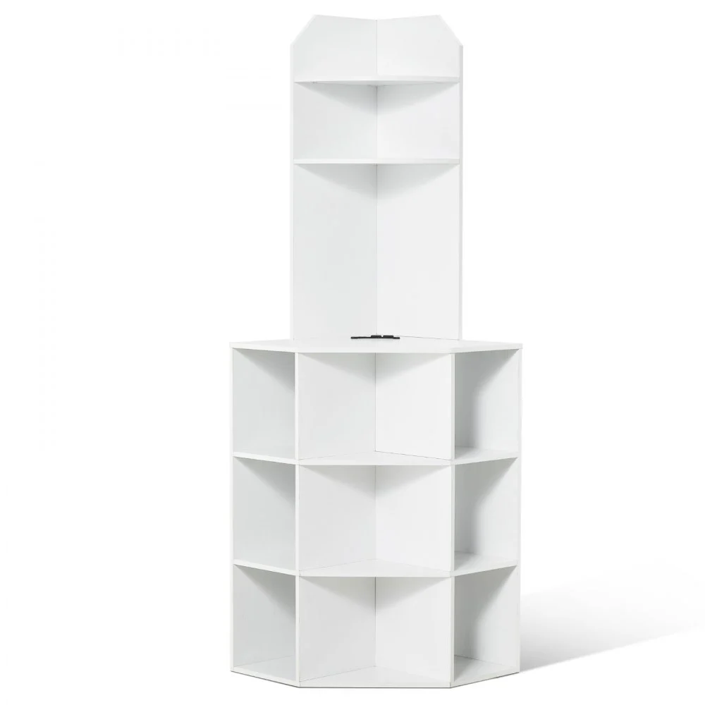 VEVOR 64" Tall Corner Storage Cabinet, 6 Tiers Wooden Storage Cabinet with USB Ports and Outlets & Adjustable Shelves, Freestanding Corner Cabinet for Living Room, Kitchen, Laundry Room, White