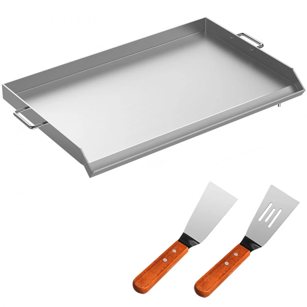 VEVOR Stainless Steel Griddle,32" X 17" Universal Flat Top Rectangular Plate , BBQ Charcoal/Gas Grill with 2 Handles and Grease Groove with Hole,Grills for Camping, Tailgating and Parties .