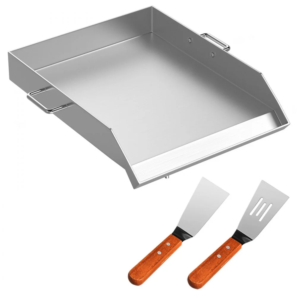 VEVOR Stainless Steel Griddle,18" X 16" Universal Flat Top Rectangular Plate, BBQ Charcoal/Gas Grill with 2 Handles and Grease Groove with Hole,Grills for Camping, Tailgating and Parties