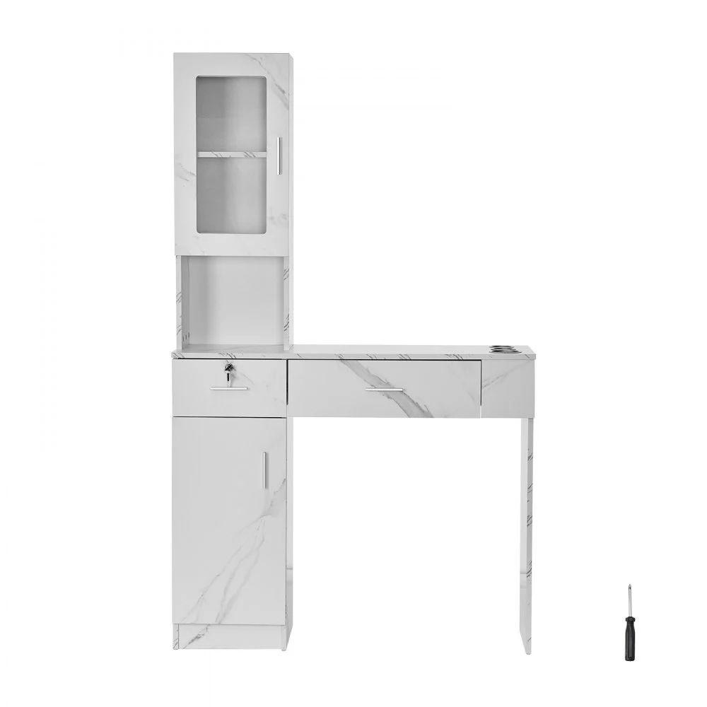 VEVOR Salon Workstation, Wall-Mounted Unit for Hair Professionals, Spa Styling Storage Solution, Includes 1 Cabinet, 3 Shelves, 2 Drawers (1 with Lock), in White