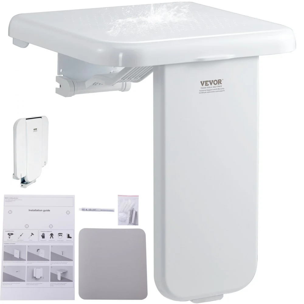 VEVOR Folding ABS Shower Seat, 15.7'' x 16.7'' Unfolded, Wall Mounted Fold Up Shower Bench with 440 lbs Load Capacity, Space Saving Fold Down Shower Chair for Seniors Pregnant Women Children Adults