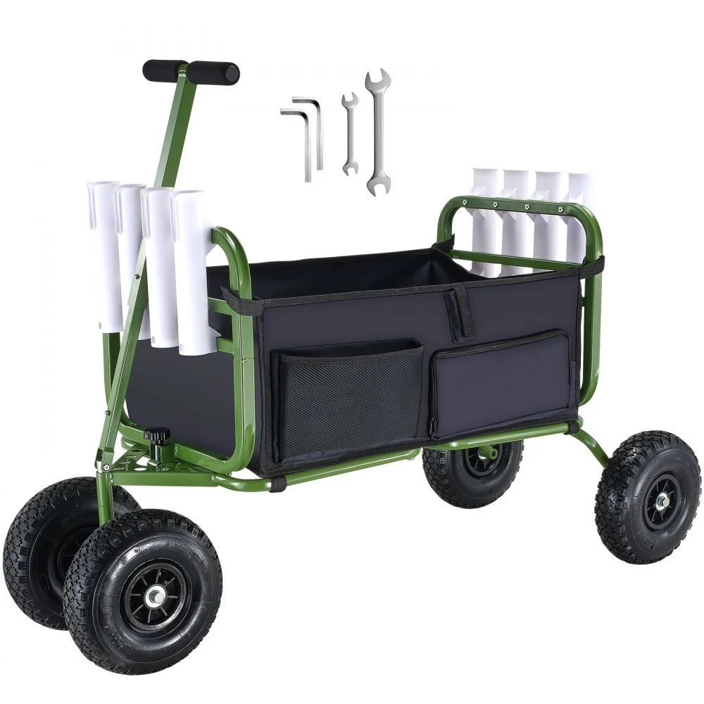 VEVOR Beach Fishing Cart, 300 lbs Load Capacity, Foldable Fish and Marine Cart with Four 11" Big Wheels Rubber Balloon Tires, Heavy-Duty Steel Pier Wagon Trolley with 8 Rod Holders for Picnic