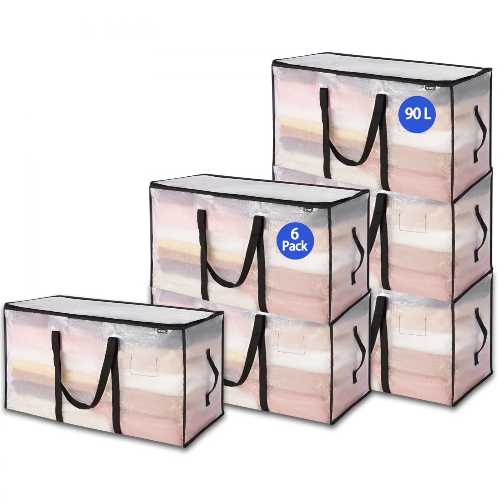 VEVOR 90L Large Storage Bags, 6 Pack Clothes Storage Bins, Foldable Closet Organizers Containers with Reinforced Handle, Plastic Storage Bags for Clothing, Blanket, Comforter, Bed Sheet, and Pillow
