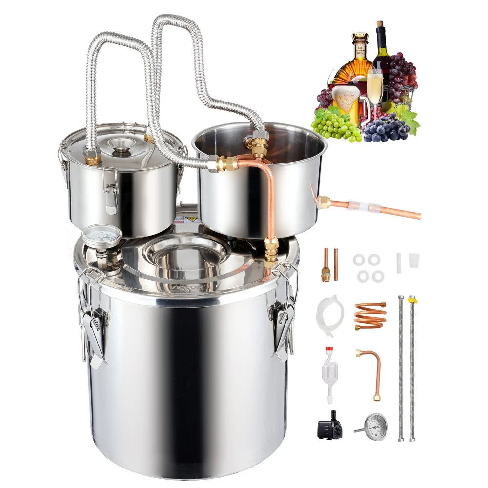 VEVOR Alcohol Still, 5 Gal / 19 L Stainless Steel Water Alcohol Distiller with Copper Coil for Fast Cooling, Dual Condenser Distiller Kit with Secondary Distillation, for Wine Whisky Brandy, Silver