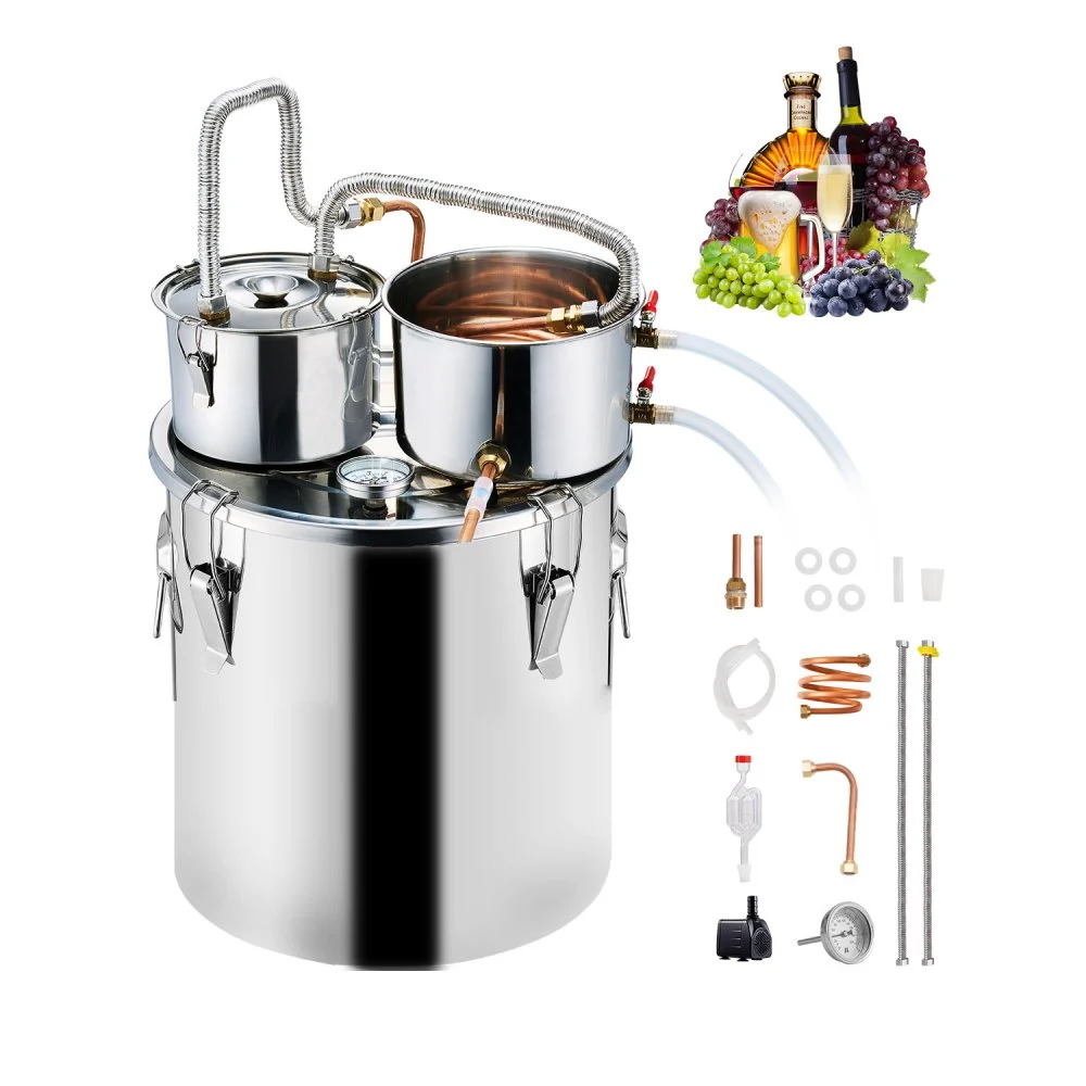 VEVOR Alcohol Still, 8 Gal / 30 L Stainless Steel Water Alcohol Distiller with Copper Coil for Fast Cooling, Dual Condenser Distiller Kit with Secondary Distillation, for Wine Whisky Brandy, Silver