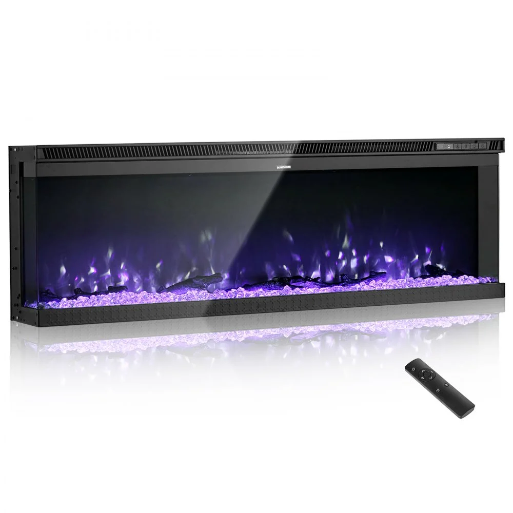 VEVOR 60 inch Electric Fireplace, Three-Sided Glass Wall Mounted Recessed Fire Place with Remote Control, Timer, 1500W, Adjustable Flame Color Brightness,Overheat Protection, for Living Room,Bedroom