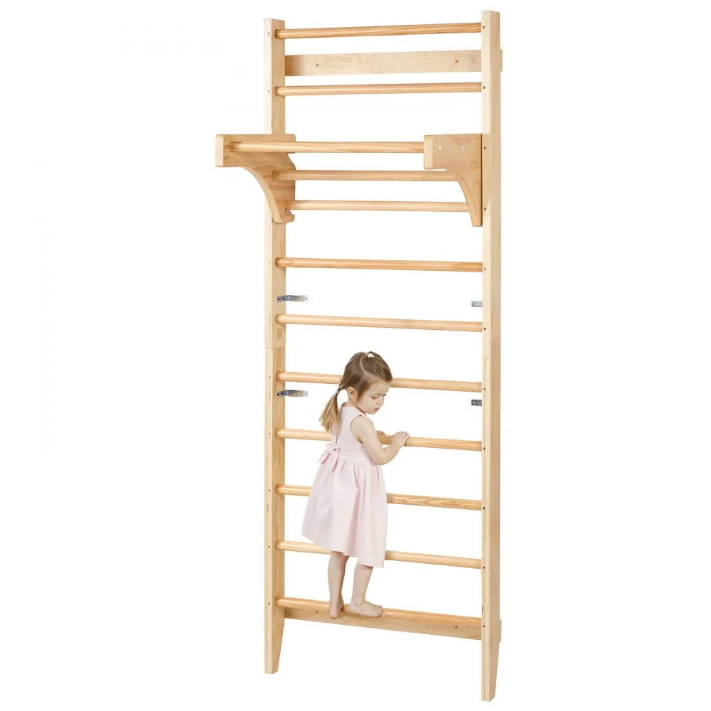 VEVOR Swedish Ladder Wall Gym, 10-Level Solid Wood Indoor Jungle Gym, 220lbs Loading Indoor Playground Climbing Ladder for Kid Adults, Gymnastic Stall Bars with Pull-Up Bar - Ideal Gift for Boys Girls