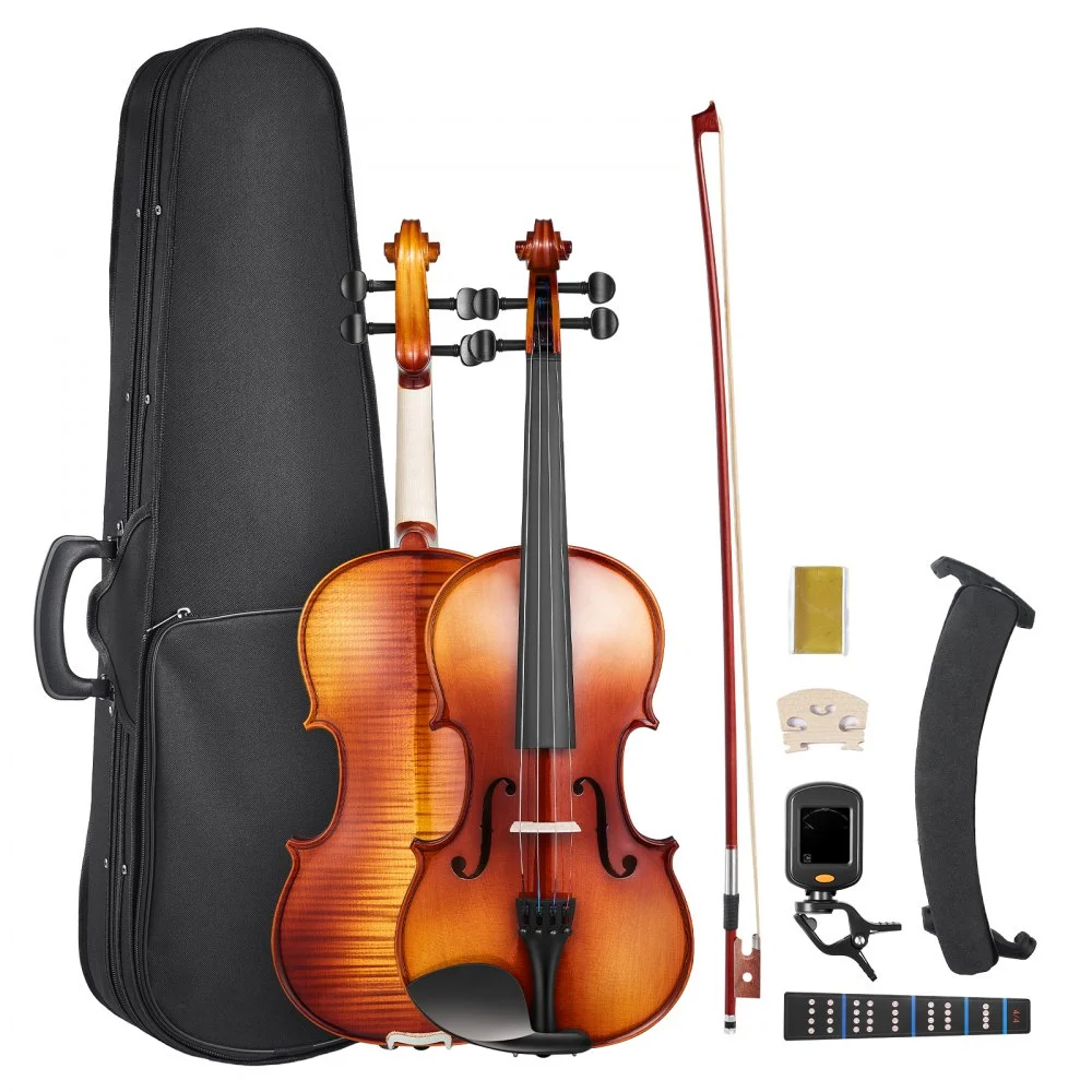 VEVOR Violin 4/4 Full Size for Adults, Violin Fiddle Set for Beginners Student with Hard Case,Rosin, Bow,Shoulder Rest,Bridge,Extra Strings,Professional Solidwood Instrument (Glossy Brown Patterned)