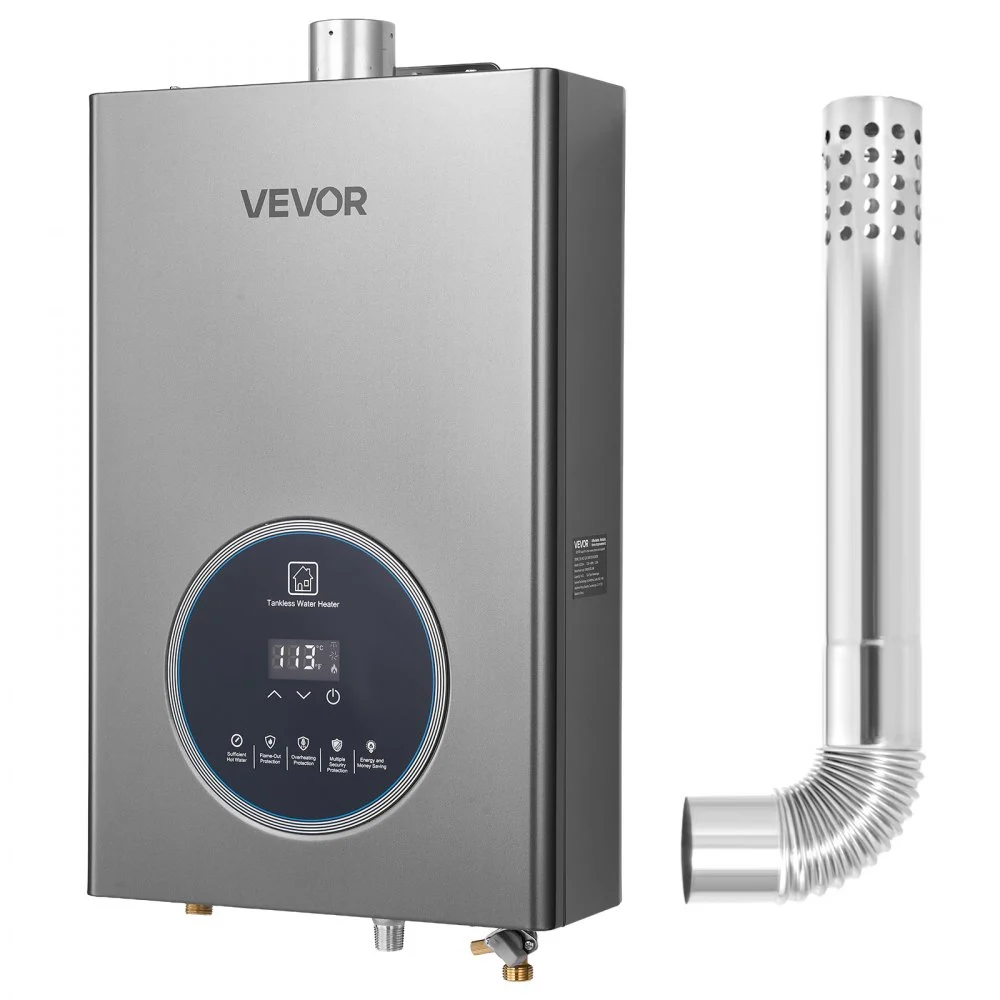 VEVOR Propane Tankless Water Heater, 4.3Gal Indoor 100000 BTU Instant Hot Water Heater, Smart Temperature Control & Clear LED Display & Multiple Security Protections for Whole House, Silver Gray