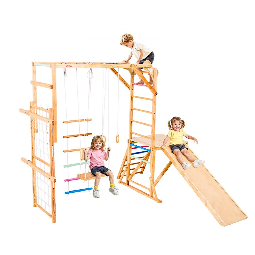 VEVOR Indoor Playground Jungle Gym, 8-in-1 Wooden Indoor Playground Playset, 220LBS Loading Montessori Climbing Toys with Swing, Slide, Monkey Bar, Gym Rings, Wooden / Rope Ladder, Climbing Net & Bar