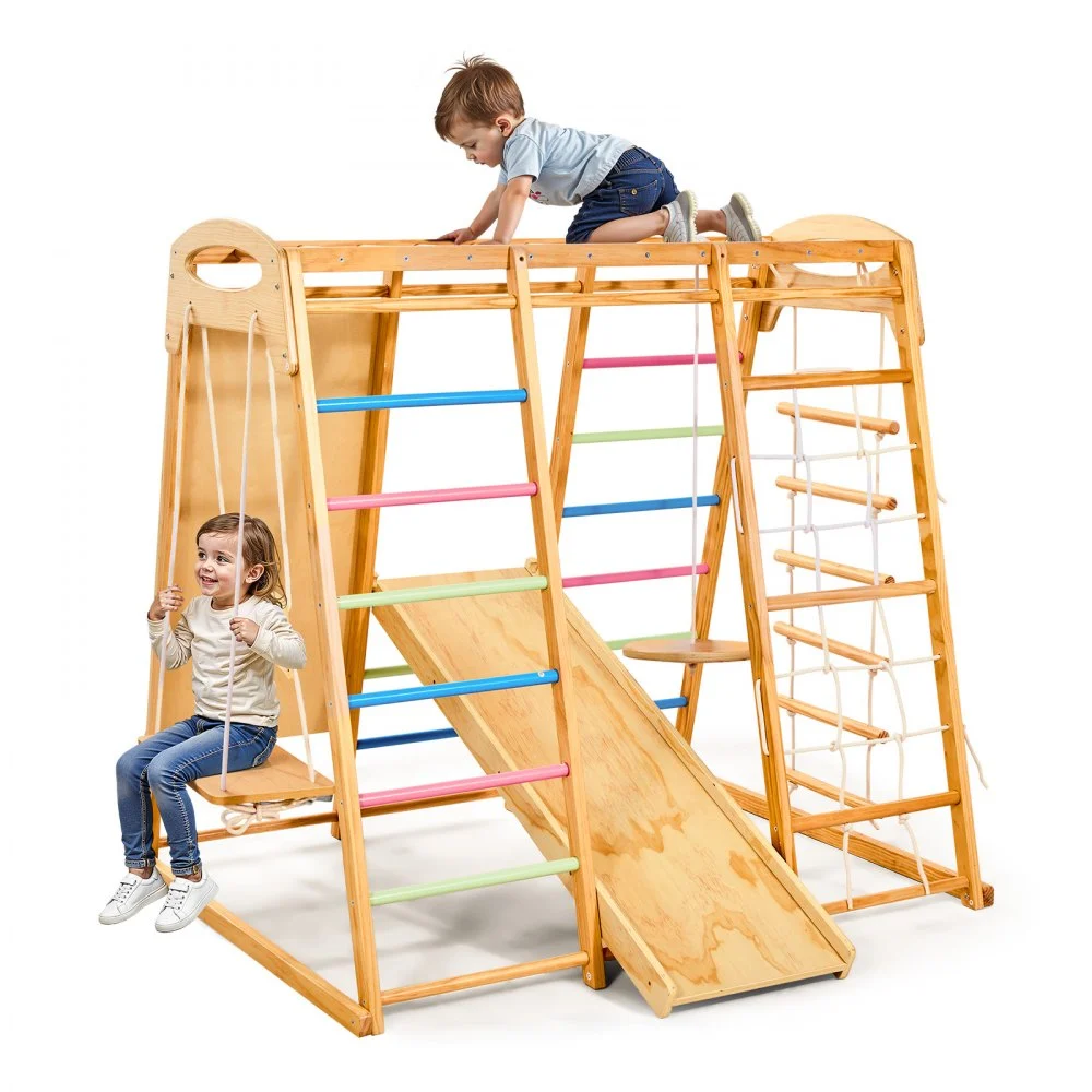 VEVOR Indoor Playground Jungle Gym, 9-in-1 Montessori Climbing Toys for Toddlers, 250LBS Wooden Indoor Playground Playset with Monkey Bar, Swings, Slide, Rope / Wooden Ladder, Climbing Net, Bar & Rock