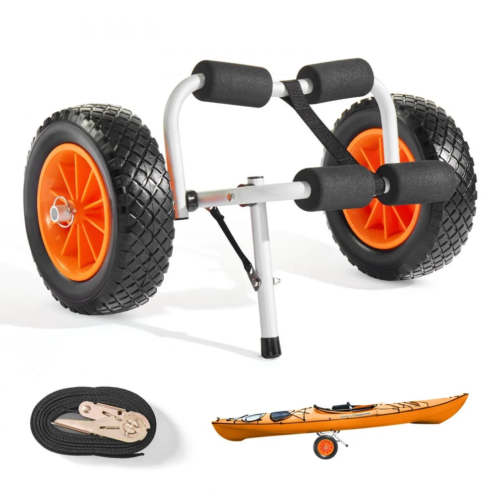 VEVOR Kayak Cart, 200 lbs Load Capacity, Foldable Kayak Trolley with 10-inch Solid Rubber Tires & 1 Ratchet Strap, Paddle Board Trolley for Carrying Kayaks, Canoes, Paddleboards, Float Mats, Jon Boats